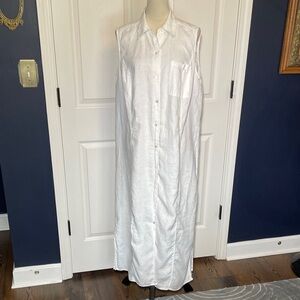 Kate Hill White Linen Collared Sleeveless Maxi Dress Full Button Front 1X